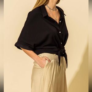 BRAND NEW! Boxy Cut, Black Button Down‎ Top, Tie at Waist Detail, Large
